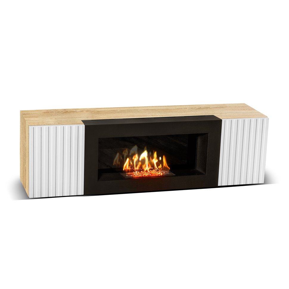 Тумба под ТВ с биокамином SteelHeat IMOLA IMPULSE 140 см (корпус дуб Сонома / фасады белые)